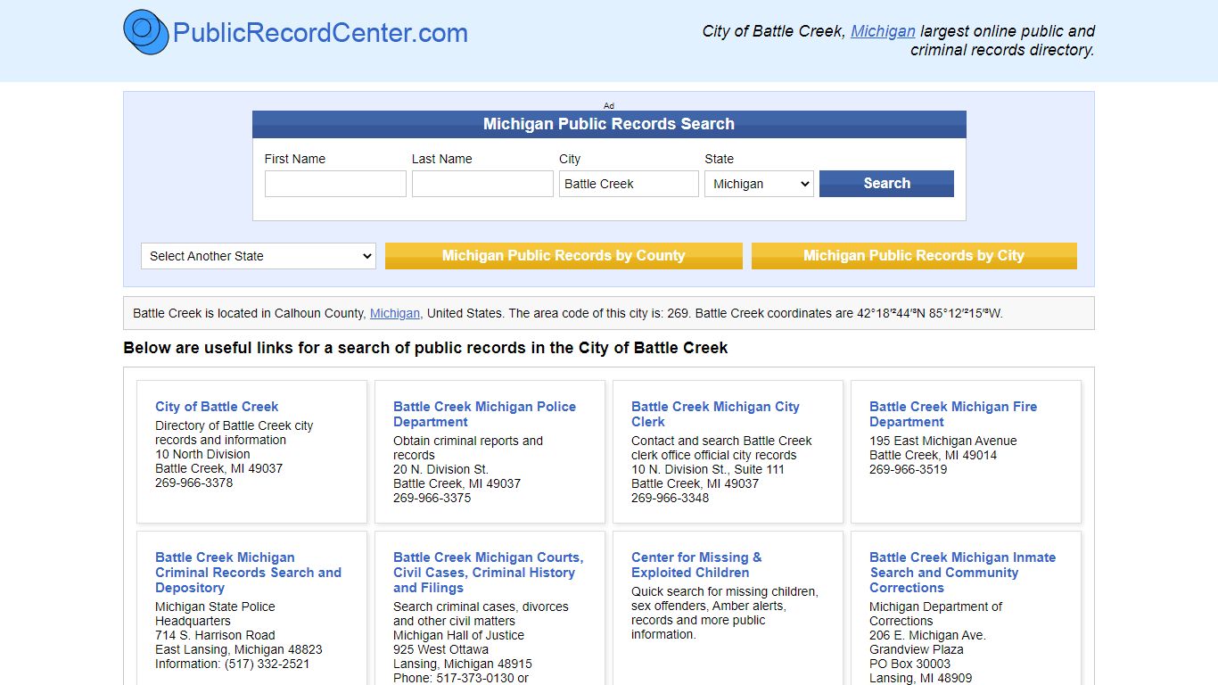 Battle Creek Michigan Public Records and Criminal Background Check